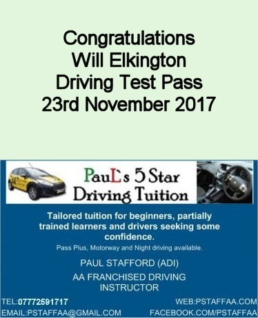 Driving Test Pass Will Elkington with Pauls 5 Star Driving Tuition